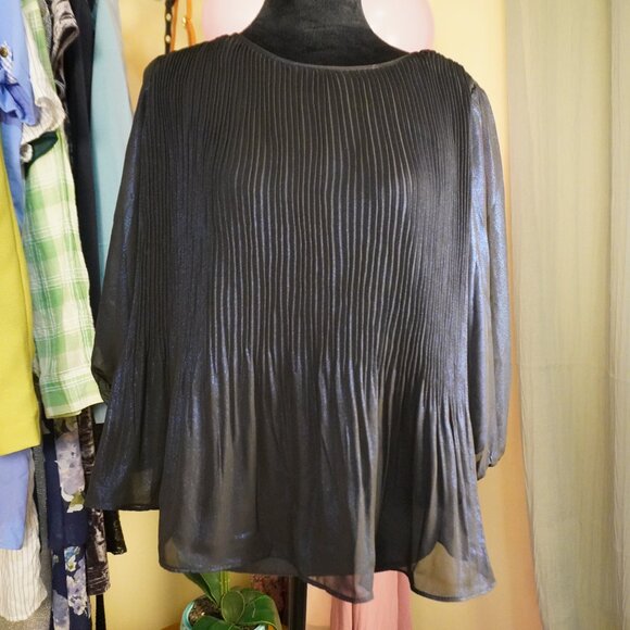 Nanette Lepore Women's Metallic Shimmery Midnight Blue Black Pintuck Pleat Top S - Picture 1 of 2